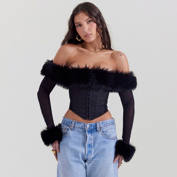 NEW House of CB Merle Faux Fur Trim Top Black XS - Picture 8 of 15